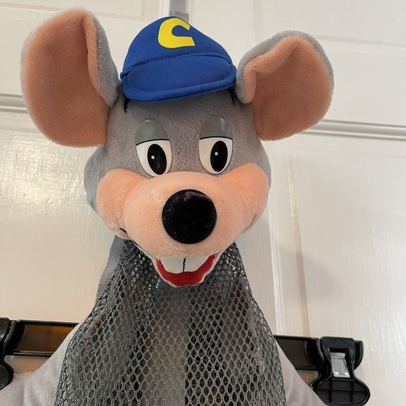 Vintage Chuck E Cheese Mesh Adjustable Gray Blue Backpack Bag Plush Prize 2002 - Picture 2 of 11
